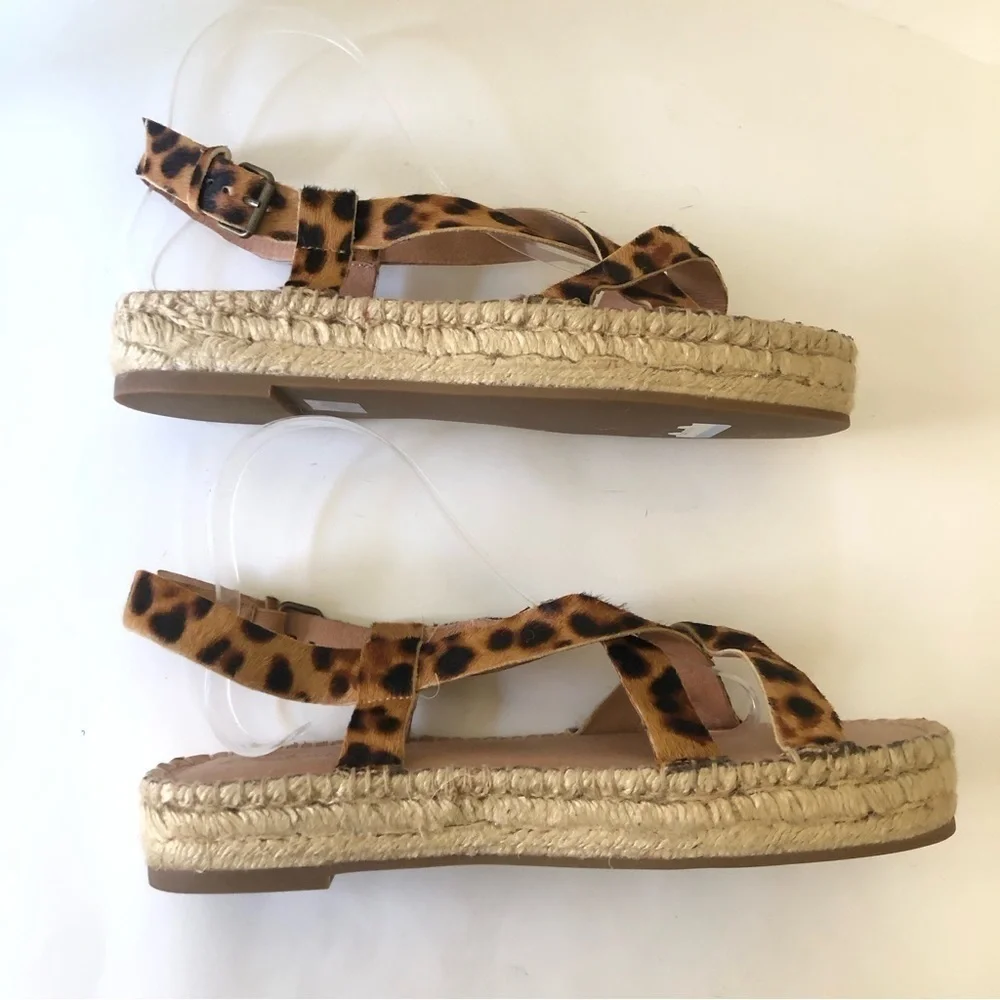 Madewell Malia Asymmetric Leopard Leather Calf Hair Espadrille Sandal Size 91/2